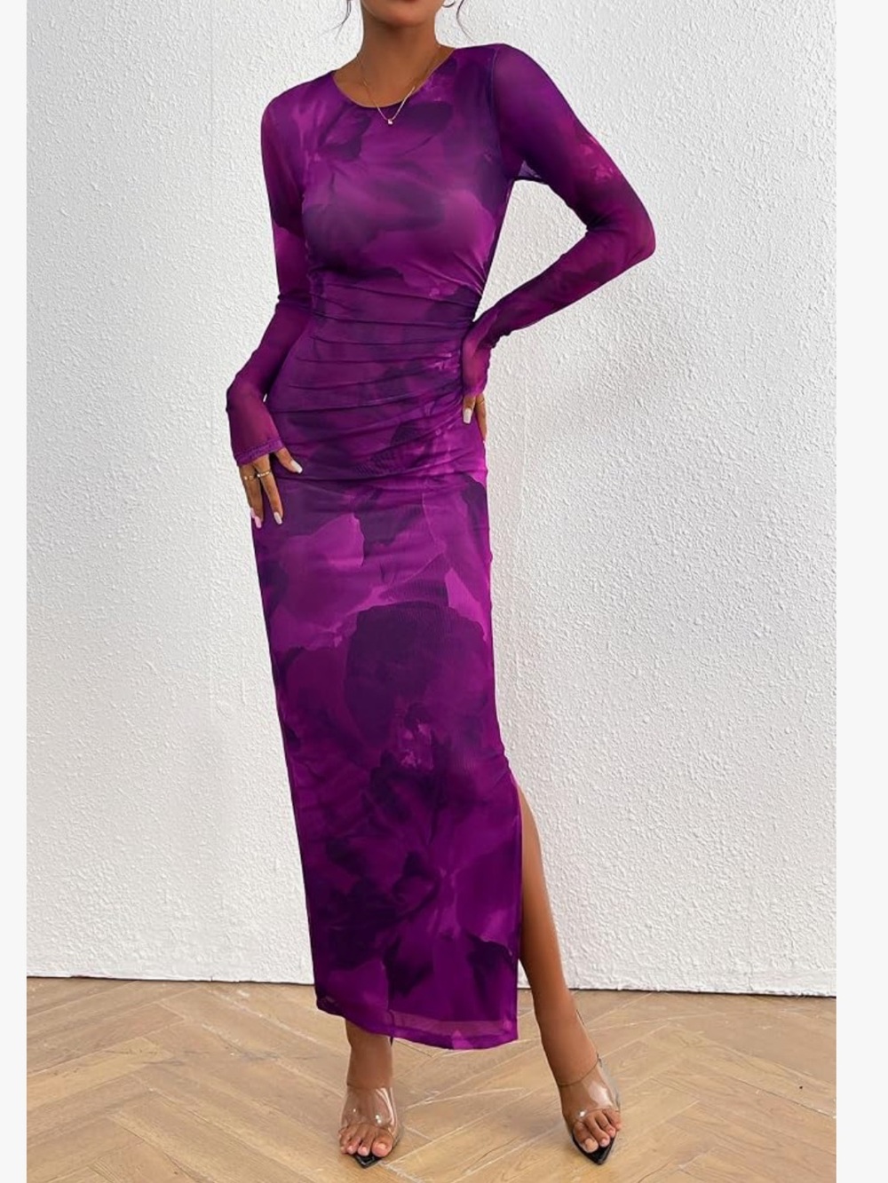 PRETTYGARDEN Sheer Mesh Long Sleeve Ruched Bodycon Maxi Dress - Picture 5 of 13